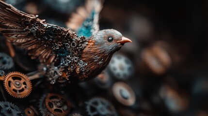 A stunning mechanical bird displays its intricate design, showcasing a blend of gears and metalwork, symbolizing artistic creativity and the fusion of nature with technology.