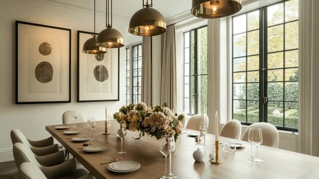 Sophisticated dining room with long wooden table, pendant lighting, elegant chairs, framed art and light-filled windows