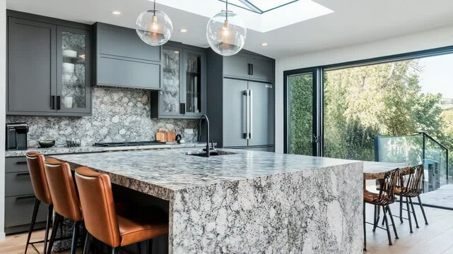 Statement kitchen with stone waterfall island leather barstools matte cabinets and clear skylight light