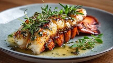 Gourmet lobster tail plated with herb butter sauce and fresh rosemary, captured in elegant fine dining style for luxury culinary presentation