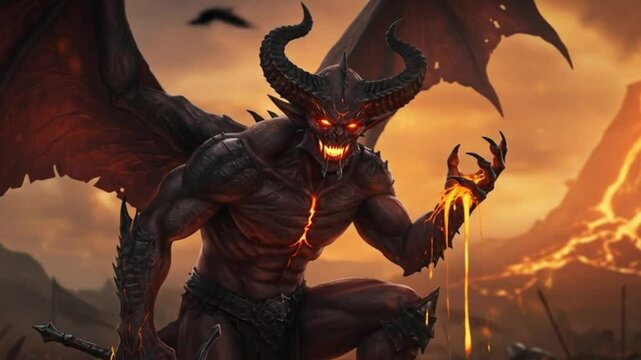 Fierce demon digital illustration against lava background