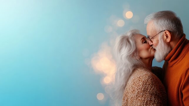 An elderly couple tenderly kisses in a warm embrace surrounded by glowing sparkles, reflecting a deep bond and the timeless beauty of love that endures through the years. - Powered by Adobe