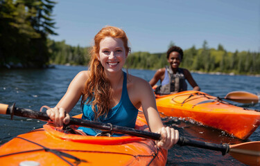 a woman in a blue top is kayaking with a man in the background and a woman in a blue top is smiling