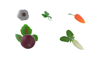 A collection of colorful vegetables including a carrot, radish, and leafy greens, emphasizing healthy eating.