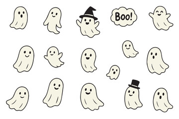 Set of cute ghost. Collection of sweet flying spirit. Halloween symbol. Boo. Vector illustration for greeting card.