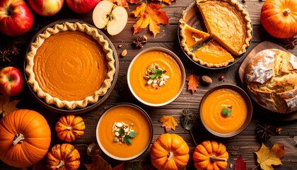 Overhead shot of a table featuring pumpkin pie soup apples and pumpkins.