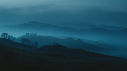 Fog drifting over calm hills at blue hour, muted tones