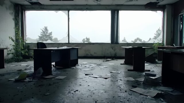 Abandoned office space littered with debris and papers desolate interior view daylight ambiance