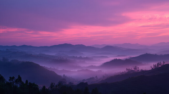 Foggy sunrise over hills with layered pink and purple sky