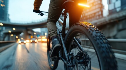 A mountain biker maneuvers through a busy urban landscape, illustrating the intersection of city life, mobility, and the push for alternative transportation amidst modern challenges.
