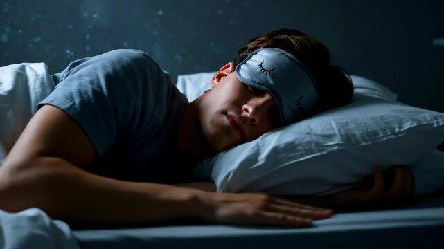 Young man peacefully sleeping in a dimly lit bedroom with soft bedding and a sleep mask