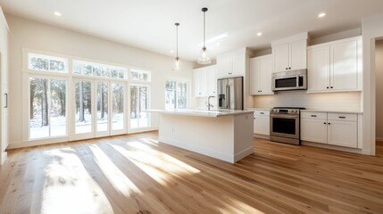 An elegantly designed modern kitchen radiates warmth and light through large windows overlooking a scenic outdoor view, combining functionality and comfort in a perfect living space.