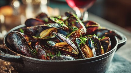 Fototapeta premium Steamed mussels in black cast iron pot garnished with herbs and served with wine in a cozy ambient setting