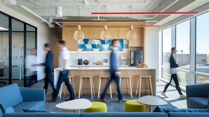 Modern office break room with diverse professionals walking by, featuring stylish decor and bright natural light.