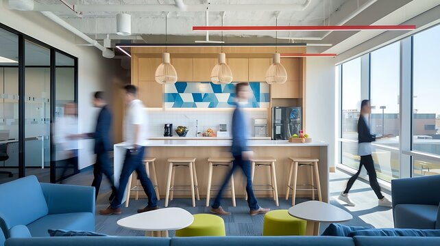 Modern office break room with diverse professionals walking by, featuring stylish decor and bright natural light. - Powered by Adobe
