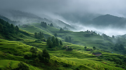 Fototapeta premium Green rice terraces in foggy highland region, early morning