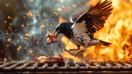 A striking image of a bird seizing a piece of grilled meat amidst bright flames, illustrating the raw energy and vividness of nature's unpredictable behavior.