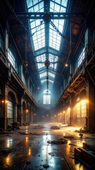 Obraz premium Abandoned Warehouse with Chains and Ambient Light Effects