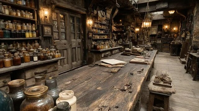 Magical apothecary shop interior with potion bottles and wooden shelves and table