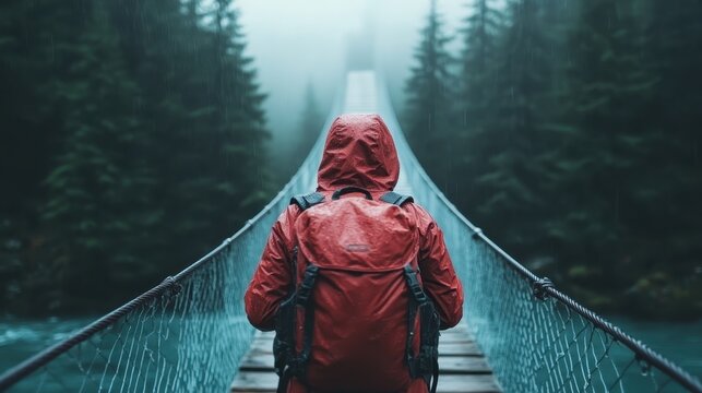 An adventurous figure in a red jacket stands on a foggy suspension bridge, evoking feelings of exploration and resilience in nature's captivating embrace.