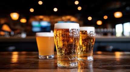 Three frosty glasses of beer sit on a wooden table in a warm bar, inviting friends to gather and enjoy a refreshing drink while socializing in a lively atmosphere.
