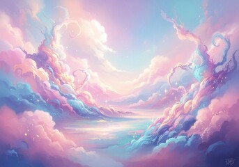 A dreamy pastel sky filled with swirling clouds creates a calming sense of wonder and peaceful