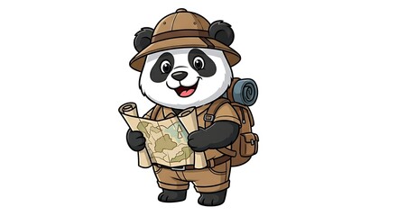 Cartoon panda explorer with map, hat and backpack, smiling and ready for a travel adventure. On white background.