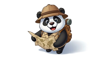 Cartoon panda explorer with map, hat and backpack, smiling and ready for a travel adventure. On white background.