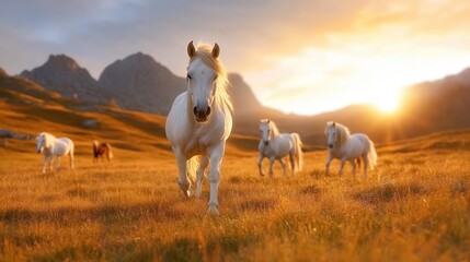 Obraz premium A stunning scene showcasing a group of white horses running freely across a golden meadow, illuminated by warm sunlight with mountains in the background.