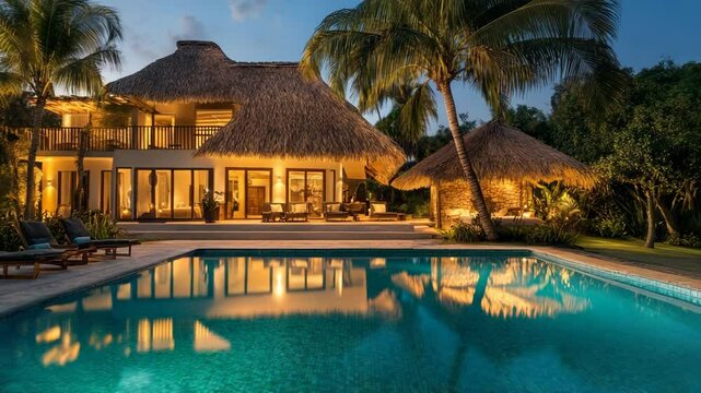 tropical resort exterior featuring thatched roof villa palm trees golden hour lighting turquoise pool reflections highlighting textures and shadows