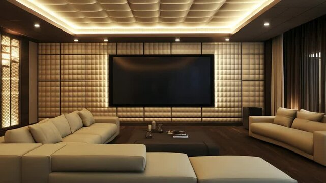 Upscale entertainment room with large flat screen wall acoustic panels plush sectional and integrated ceiling lights