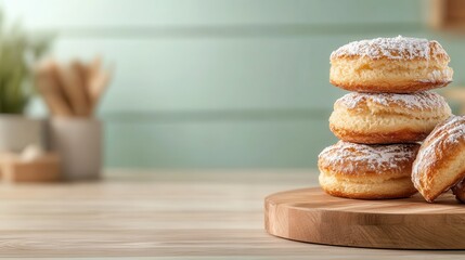 A tempting stack of fluffy, powdered donuts on a wooden surface, showcasing the allure of freshly baked goods and their ability to evoke feelings of indulgence and nostalgia.