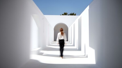Fototapeta premium A woman of uncertain ethnicity walks through a modern white corridor under bright sunlight.