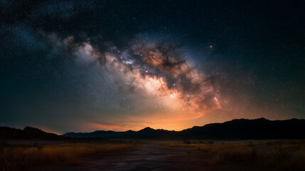 Fototapeta premium Milky way galaxy over desert plateau, stars and silhouettes