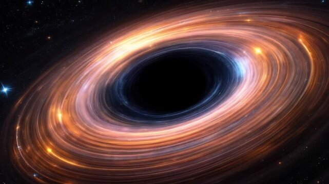 Mysterious Black Hole: A visually stunning representation of a black hole, a celestial entity, with its gravitational pull. Swirling cosmic matter is around it.