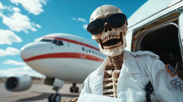 A humorous skeleton dressed as a pilot stands outside an airplane, wearing sunglasses while holding flight documents, presenting a quirky take on travel and adventurous spirits.