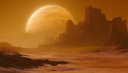 Arid, desolate landscape with ancient ruins under an orange sky with a large planet
