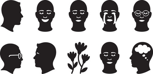 Black and White Line Art Illustration of Diverse Human Heads Showing Various Emotions and a Thought Bubble