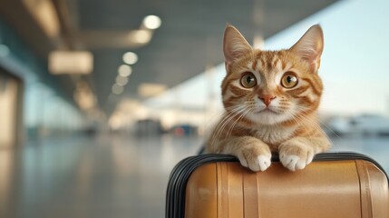 An adorable cat lounging on a suitcase at an airport, symbolizing travel, companionship, and the joy of exploration in the journey of life amidst busy surroundings.