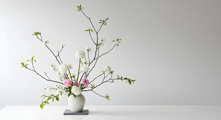 Zen Floral Display: An artful arrangement of delicate white and pink flowers and branches is meticulously presented, a perfect embodiment of balance and serene beauty.