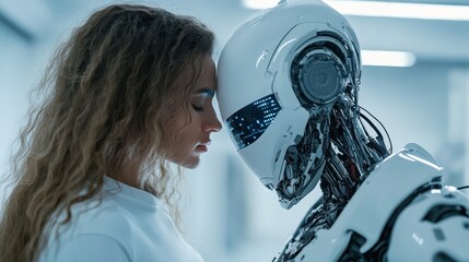 A touching moment captures the interconnectedness between a human and a robot, emphasizing themes of technology, emotion, and the future of relationships in a modern world.