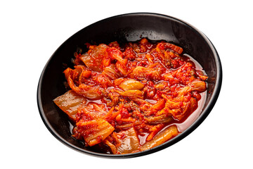 Kimchi pickled cabbage salad spicy savory vegetables fresh delicious gourmet food background on the table rustic food top view copy space vegetarian and vegan food