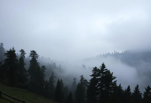 Misty mountain landscape, thick fog shrouds valleys, dark pines silhouetted on hills Peaceful, mysterious scene,  elevation,  dark