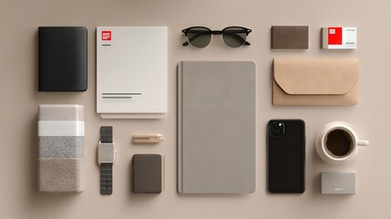 Warm neutral flat lay of creative lifestyle essentials with stationery, tech, swatches, and personal accessories for modern branding visuals