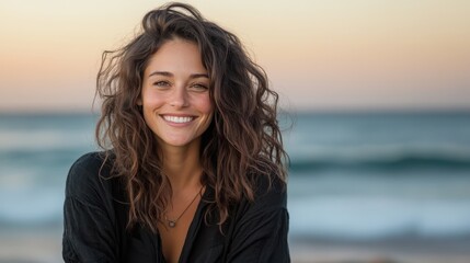 A joyful woman with curly hair smiles warmly against a stunning ocean backdrop during sunset, encapsulating beauty, tranquility, and the essence of life by the sea.