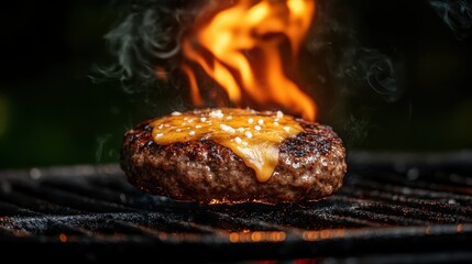 A mouthwatering cheeseburger sizzling over the grill, with melted cheese and smoke rising, offering an enticing glimpse into a delicious and hearty culinary experience.