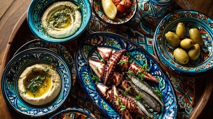 Traditional Mediterranean seafood mezze platter with grilled squid, hummus, olives, and assorted dips served in colorful ceramic bowls