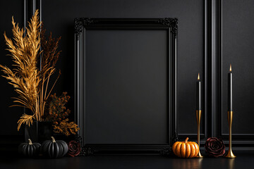 Luxury Black Frame Mockup on Charcoal Velvet with Pumpkins, Dried Roses and Brass Candle Holder
