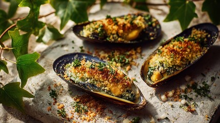 Gourmet baked mussels with herb-crusted topping on a rustic stone plate, surrounded by leafy vines and warm natural light