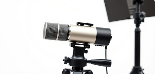 Professional dynamic microphone on tripod, isolated white background,   isolated background,   white background